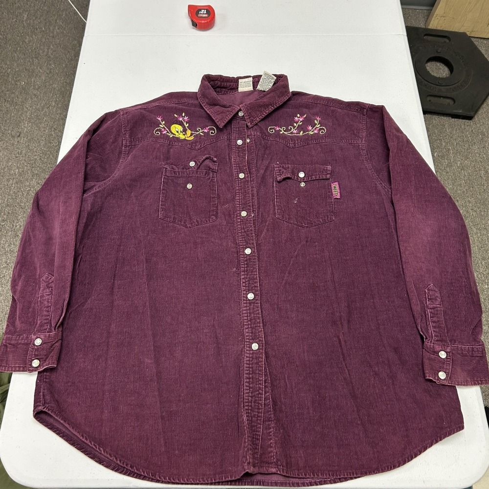 Looney Tunes Corduroy Shirt Womens XL Purple Tweety Bird Western Snap Front